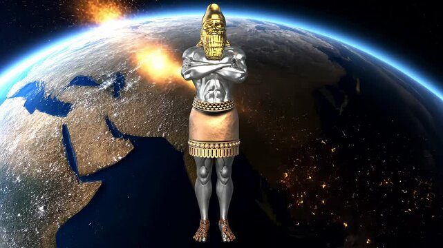 Statue made of various metals dream of a king with the planet earth and fire effects in the background Biblical Prophecies World Empires 4K