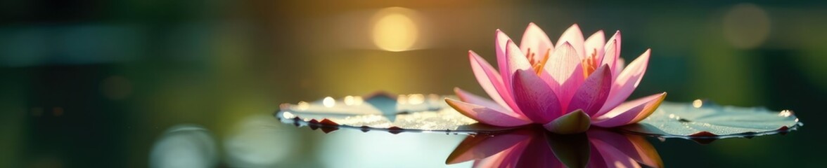 Fototapeta premium The delicate petals of a single water lily unfold in the sunlight on a calm lake surface, light, petal