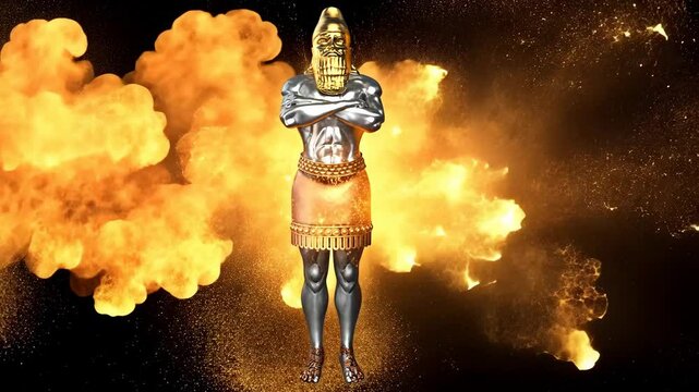 A statue made of various metals dream of an ancient empire king with fire explosion effects Biblical Prophecies World Empires 4K
