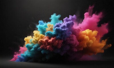Fototapeta premium Multicolored powder cloud, dramatic black backdrop, energetic celebration , festivity, chroma, texture