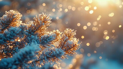 Snowy Pine Branch with Winter Sunrise.