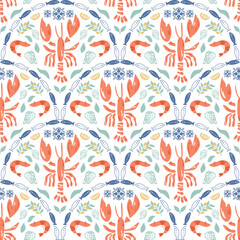Tropical lobster pattern, summer Italy vacation mood. Cute coastal damask ornament, summer beach arched print, hand drawn seafood, sardines, shrimps, seaweeds. Vector textile design wallpaper