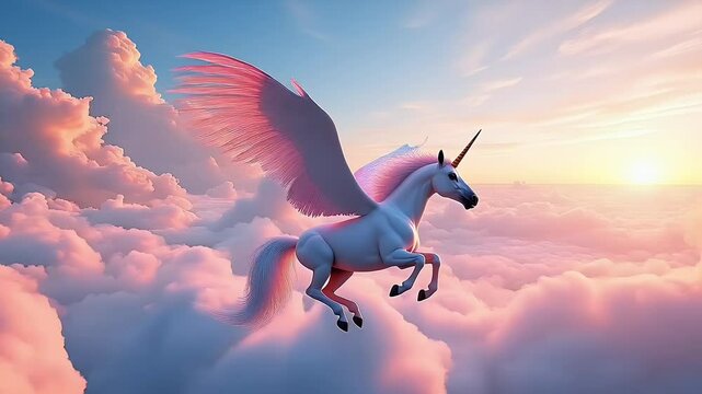 Fantasy unicorn flying above clouds during colorful sunset 