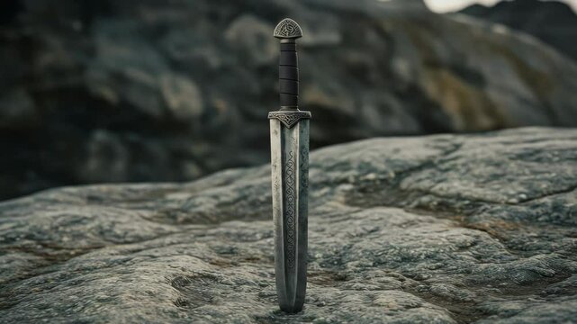 Ancient Viking Dagger on a Rocky Shore - A weathered, intricately designed Viking dagger stands upright on a rough, grey rock. The background is blurred, showcasing a rugged coastal landscape.