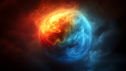 An orb bisected half glowing fiery orange and yellow the other cool ethereal blue set against a dark background