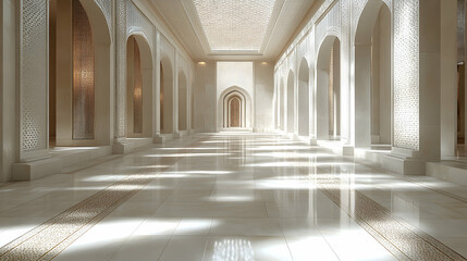 Fototapeta premium An ornate hallway with repeating arches and columns Light streams in from above reflecting on a marble floor