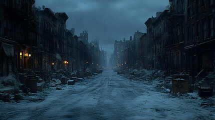 A snowy city street at night is bordered by old buildings It is dark and raining in the distance