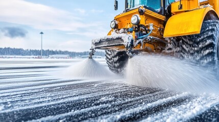 Yellow snow plow spraying water on airport runway