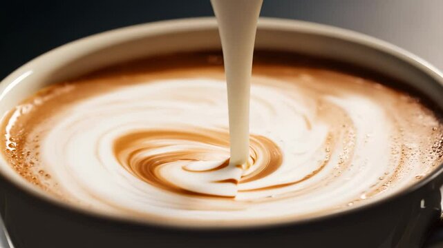 Milk flows smoothly into brewed coffee. Barista forms latte foam design. Creamy swirl emerges in hot drink cup. Latte foam moves in spiral. Hot barista coffee with milk and elegant latte art.