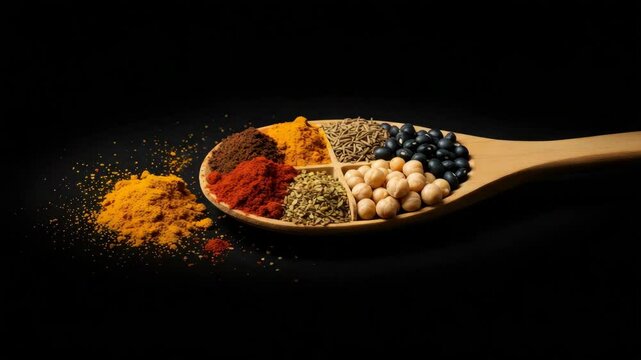 Assorted Spices and Legumes in Wooden Spoon - A wooden spoon is filled with various spices and legumes, including turmeric, paprika, cumin, chickpeas