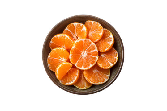 Sliced Mandarin Oranges in Brown Bowl Dark Background
