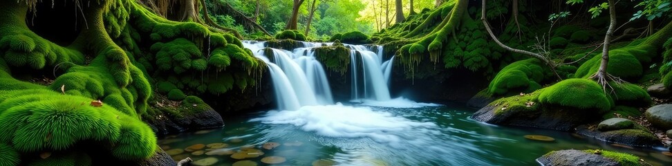 Waterfall cascades through moss covered forest floor, water, forest, tree roots