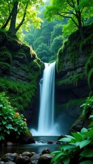 Waterfall cascade hidden amidst lush green foliage, waterfall, forest, foliage