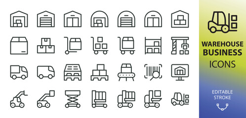Warehouse line icons set. Set of warehouse building, forklift, stock picker, boom lift, telehandler, pallet, warehouse trolley cart, storage shelves vector icon with editable stroke