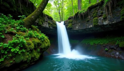 Waterfall cascading down moss-covered tree trunks, waterfall, Alaska