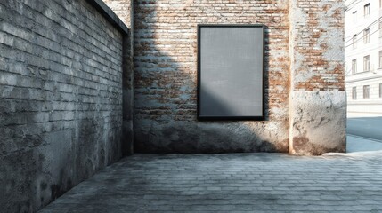 Blank billboard on old brick wall in urban alley with dramatic lighting effects.