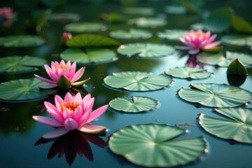 Water lilies forming a natural floral pattern across a still lake, detail, design, color