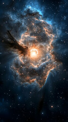 Celestial cloudscape with radiant core and distant stars amid cosmic darkness