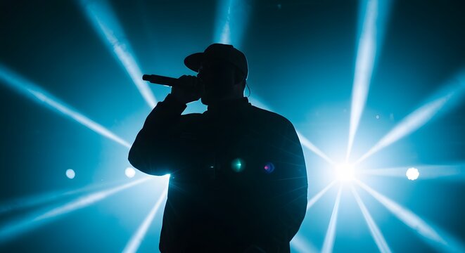 Ai image dynamic silhouette of a rapper performing with microphone on stage, backlit by bright blue spotlights and lens flare effects.
