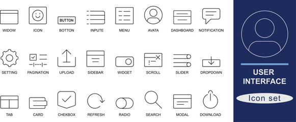 User interface icon set. Featuring button, tab, dropdown, sidebar, widget, input, card, modal, scroll, checkbox, search, upload, and notification tools.