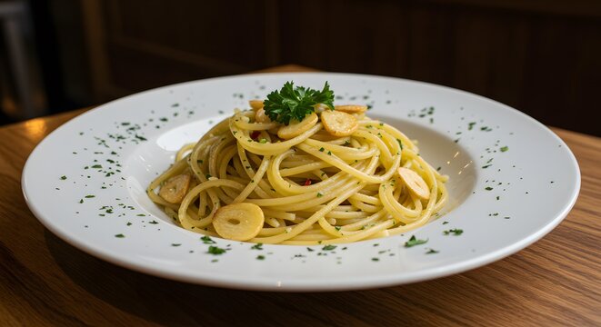 An angled shot of a plate of simple yet flavorful Spaghetti Aglio e Olio, highlighting the well minced and evenly spread garlic slices, red pepper flakes, and parsley coating the pasta in olive oil.