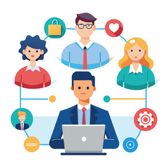 Fototapeta premium A vector set features cartoon business people icons and social network symbols for team communication and user avatars in an office work design