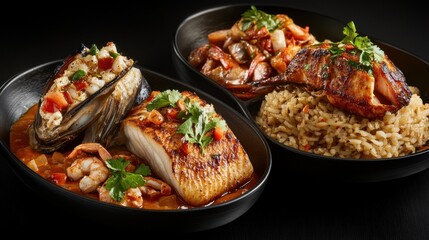 Seafood platter with fish, shellfish, and rice