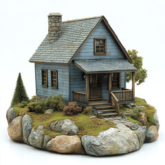 charming model house surrounded by rocks and greenery, showcasing intricate details