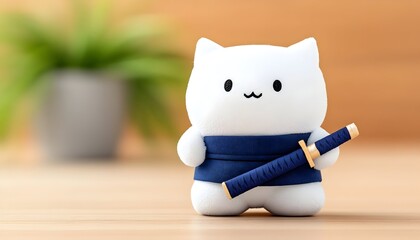 Adorable white cat figurine,  dressed as a samurai, holds a small katana