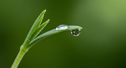 Ai image stunning macro shot capturing a single perfect clear water droplet resting delicately on the tip of green plant leaf.