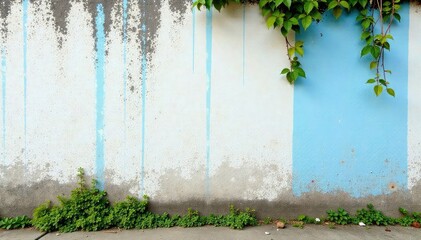 Weathered stucco wall with blue streaks and moss growth, streaks, stucco, moss