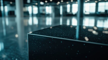 Polished dark granite cube in modern office space