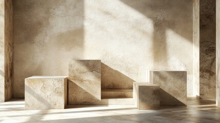 Empty beige display podiums in a sunlit room.