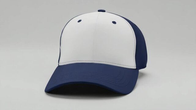 Blank Baseball Cap Mockup - Navy and White - A clean, studio shot of a navy blue and white baseball cap. The cap is angled slightly to the right