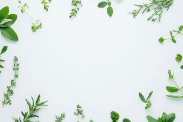 Fresh aromatic herbs arranged on a clean white background creating a frame for text overlay showcasing natural light ideal for culinary and wellness themes