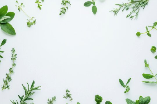 Fresh aromatic herbs arranged on a clean white background creating a frame for text overlay showcasing natural light ideal for culinary and wellness themes