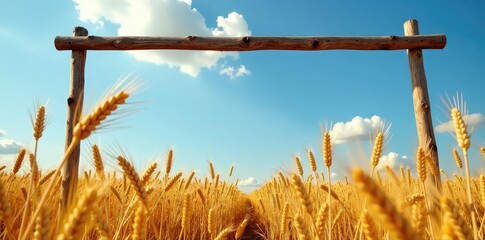 Wheat stalks stretch towards the sky against a weathered wooden trellis, botanical, floral, wheat