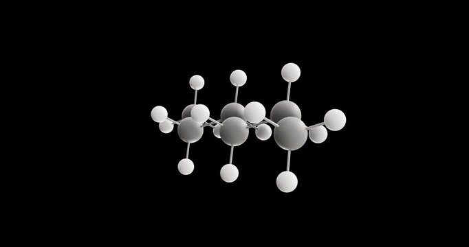 Hexane molecule, rotating 3D model of n-hexane, looped video on a black background