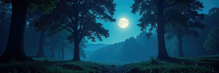 Naklejka premium Whispering trees sway gently in moonlit forest, woods, night, atmosphere