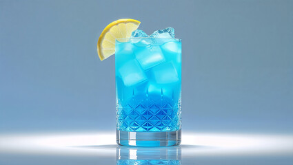 Blue iced cocktail with lemon wedge in textured glass served on bright surface with minimal backdrop