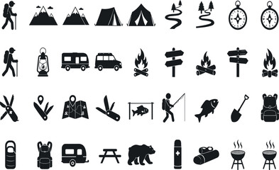 Camping, outdoor adventure icon set. Vector glyph pictograms of eco-tourism, tent, backpack, campfire, compass, kayak, hiking, travel