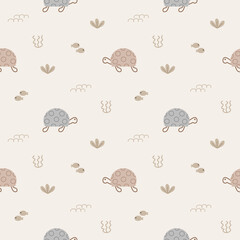 Turtle cartoon so cute. On seaweed fish background. Pattern seamless vector illustration. 