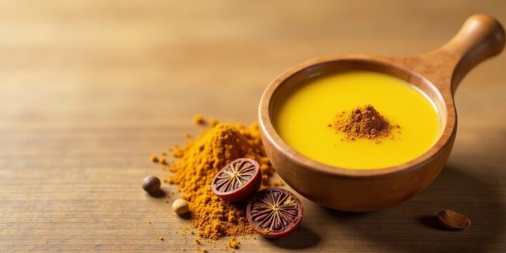 Golden Turmeric Elixir in Wooden Bowl with Spices