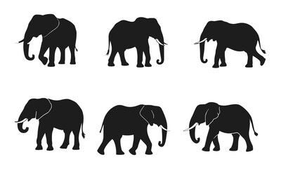 Elephant silhouette collection, wild animal shapes, safari art, majestic mammals, vector illustration