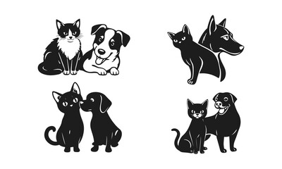 Cat and dog silhouette set, pet vector illustration, animal couple logo, kitten puppy art design