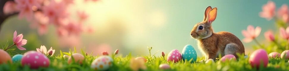 Festive Easter scene with rabbit and beautifully painted eggs in a field of blossoming flowers, rabbit, colorful, festive