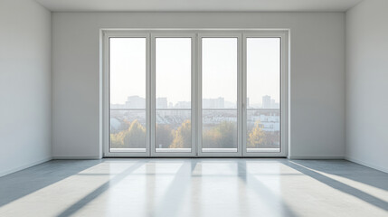 Front facing sliding glass doors, white aluminum frame on a white background.