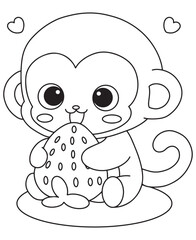 Coloring book monkey lovingly holding a strawberry with hearts around