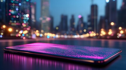 Sleek smartphone glowing with purple data visualization, set against a blurred cityscape at night