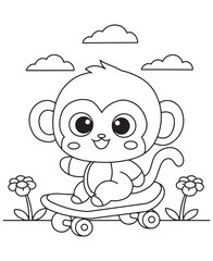 Coloring book monkey cruising on a skateboard among the flowers under the clouds